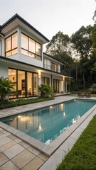 Luxury Modern House Mansion with Pool in a Lush Garden