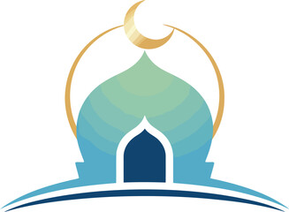 A minimalist illustration of a mosque with a crescent moon and a circular halo on a white background