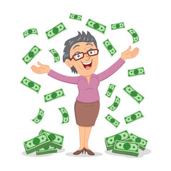 Senior Female Throwing Money. Illustration, Cartoon, Vector.