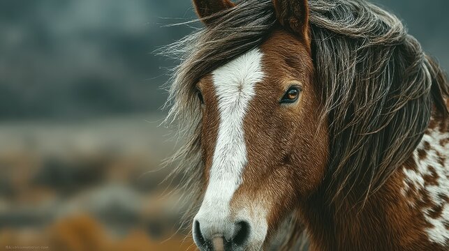 Beautiful brown horse with long mane stands prominently in natural landscape during early morning light