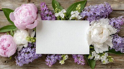 A composition of various flower bouquets arranged around a white blank sheet or card lying on a wooden surface. Suitable for congratulations, invitations, or decorative purposes.
