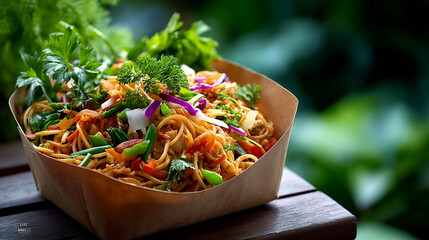 A portion of salad served in an eco-friendly paper plate on a wooden surface. The salad features thinly sliced vegetables such as carrots, cabbage, and bell peppers, with a top garnish of fresh herbs.