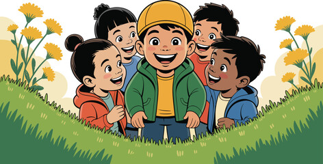 Illustration of diverse group of smiling children standing in a grassy field with yellow flowers