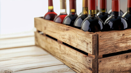 A wooden box containing bottles of red and white wine with red and gold corks.