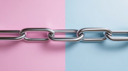 Obraz premium Chrome chain link on dual pastel background in pink and blue — modern metaphor for connection, digital insurance security and trust in systems or policies