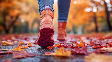 A man wearing orange shoes walking down an autumnal alley. Red and orange leaves are falling around him, creating a cool autumn atmosphere.