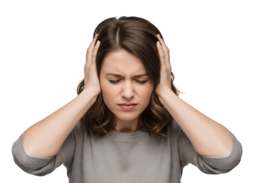 Woman with hands covering ears looking down with a distressed look on transparent background - Powered by Adobe