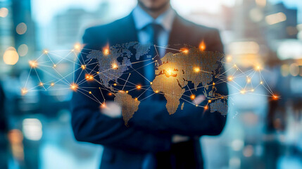 A man in a business suit holding or interacting with a digital hologram of a world map. The world map and lines symbolize global connections, technology, the internet, and communication.