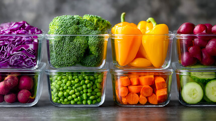Eight glass containers filled with fresh and colorful vegetables: broccoli, yellow peppers and red onions, radishes, green peas, sliced carrots, and cucumbers.