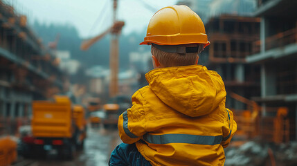 A little boy wearing a yellow jacket and a construction helmet is standing in front of a construction site. He is looking into the distance, observing the construction process.
