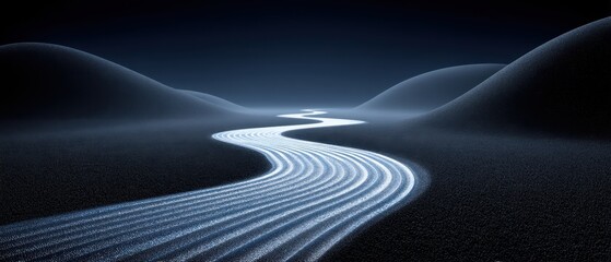 A serene landscape featuring a winding river illuminated by moonlight, surrounded by soft hills under a starry sky, creating a peaceful and tranquil atmosphere.