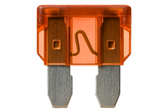 Close-up of a standard blade-type car fuse for overload protection on a transparent background