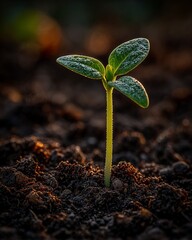 Close-up vertical image of a newly sprouted young plant on dark soil. Small water droplets glisten on its leaves