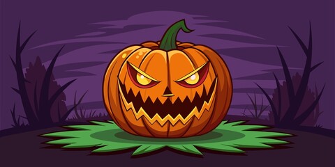 Scary jack o lantern with glowing eyes in a dark spooky forest at night