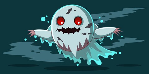 Cute cartoon ghost with red eyes and a wide smile floating in the dark