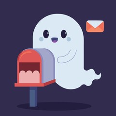 Cute ghost character happily receiving mail at a mailbox