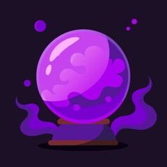Mysterious glowing purple crystal ball with wisps of smoke on a dark background