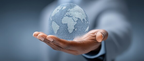 An elegant hand holds a transparent globe showcasing Africa, symbolizing global connectivity, responsibility, and the importance of sustainability in the modern world.