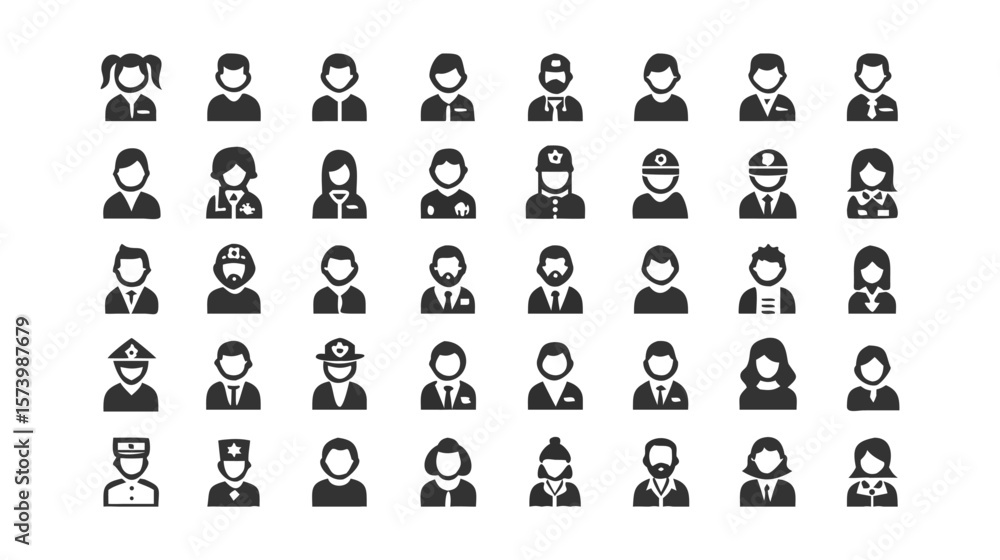 Poster icon set representing various professions and diverse people in simple monochromatic graphic style