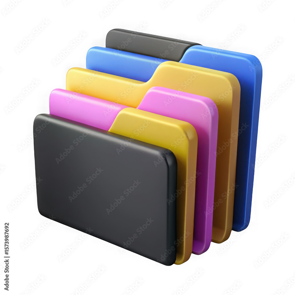 Poster stack of colorful folders representing data organization and management isolated on transparent back