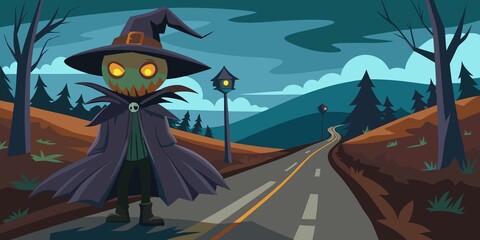 Spooky halloween character with glowing eyes stands beside a lonely road at night