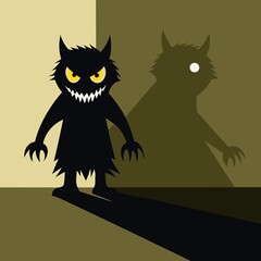 Scary black monster with sharp teeth and yellow eyes casting a menacing shadow