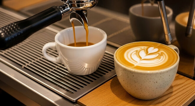 A close-up shot of an espresso machine brewing coffee into a white cup, beside a beautifully crafted latte with intricate latte art on a wooden surface.
