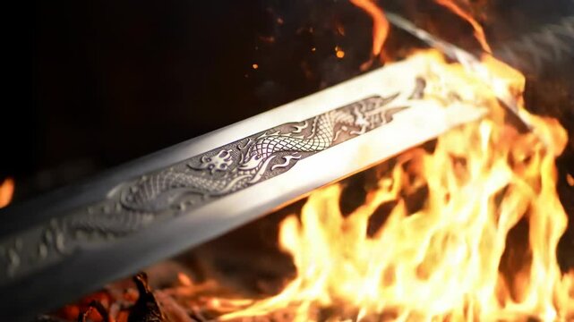 Sword with dragon engraving over fire, close-up of the blade