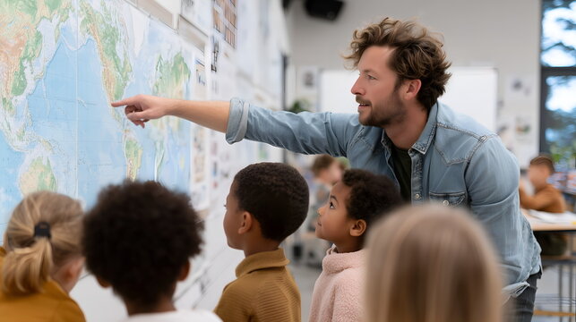 Teacher pointing at world map while explaining to students in classroom - Powered by Adobe