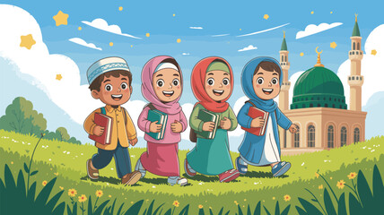 Cartoon illustration of four muslim children walking towards a mosque on a sunny day landscape scene