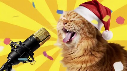 Fluffy Ginger Cat in Santa Hat Singing to Microphone with Festive Confetti on Yellow Radial Background Celebrates Holiday Season - Powered by Adobe