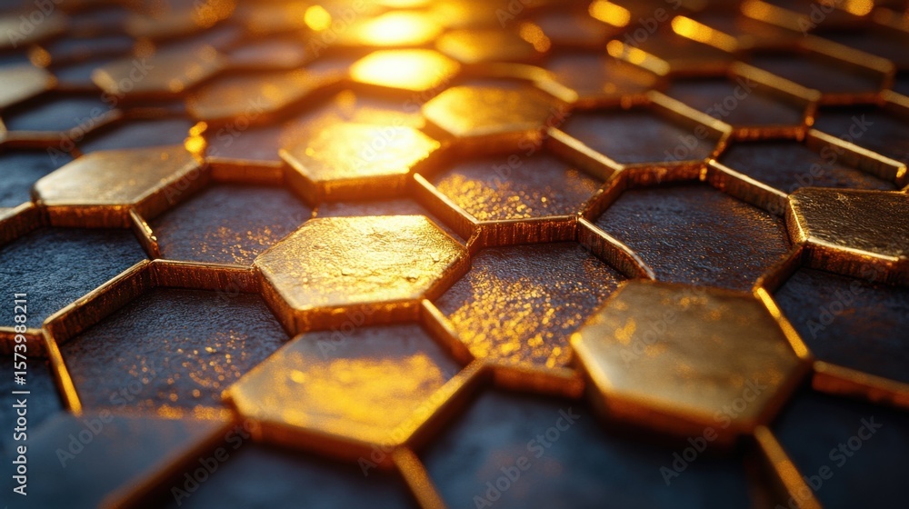Poster mesmerizing golden honeycomb pattern with 3d depth and texture seen from an elevated light source