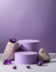 Pale lilac empty podiums on pale lilac background with amethyst gemstones. Generated image