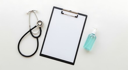 A medical clipboard, stethoscope, and hand sanitizer arranged on a white surface.