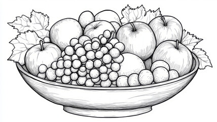 Line drawing of a fruit bowl with apples and grapes.