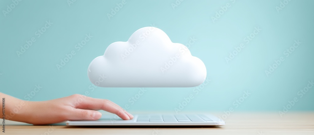 Poster cloud computing action by a hand on a laptop modern workspace digital technology image minimalist en