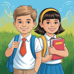 Illustration of two smiling students a boy with a tie and a girl with a book going to school together