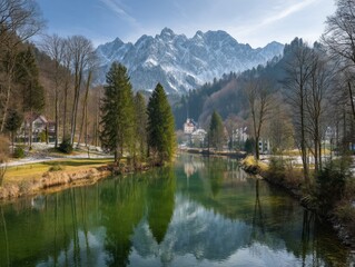 Obraz premium Serene mountain river reflecting a picturesque village.