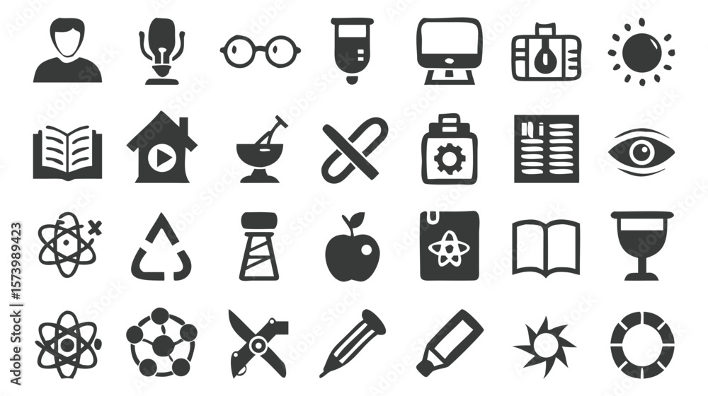 Poster set of various science and education icons and symbols representing knowledge and technology
