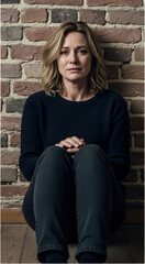 Emotional despair: a lonely woman in a depressed state, with a tense face, is sitting on the floor, leaning against the wall. Despair and anxiety are on the verge of breaking out.
