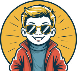 Cartoon illustration of a boy with blonde hair wearing sunglasses and a red jacket smiling happily