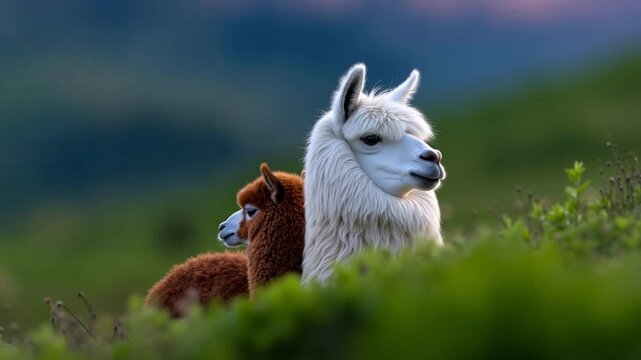 A white llama and a baby alpaca in a grassy field