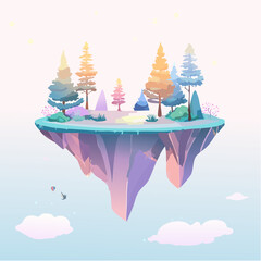 Ethereal floating islands with glowing forests, bioluminescent flora, magical pastel color 