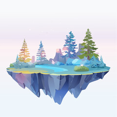 Ethereal floating islands with glowing forests, bioluminescent flora, magical pastel color 