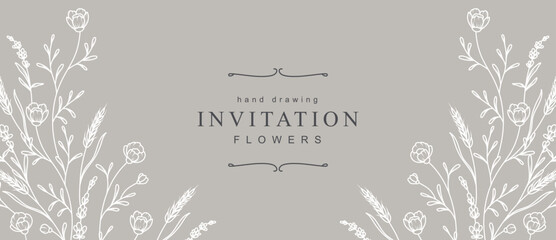Elegant neutral floral background with hand drawn white delicate flowers and leaves. Vector illustration in line art style for wedding invitation, card, save the date, packaging, greeting card design