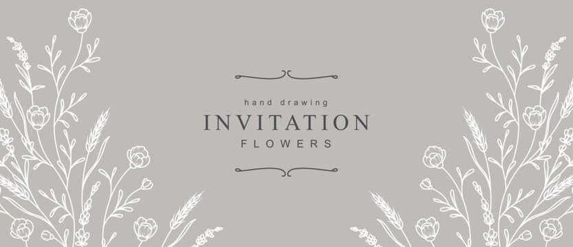 Elegant neutral floral background with hand drawn white delicate flowers and leaves. Vector illustration in line art style for wedding invitation, card, save the date, packaging, greeting card design