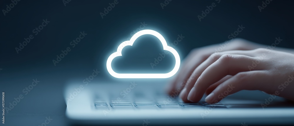 Poster cloud computing action digital workspace technology environment close-up view innovative concept