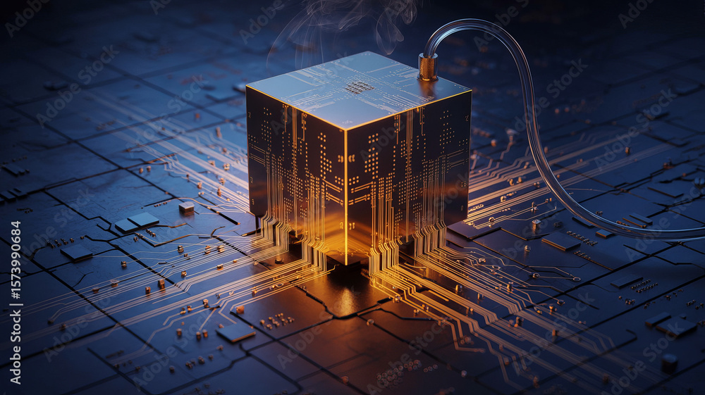 Poster quantum computing powerhouse: a cutting-edge, illuminated digital cube, symbolizing the future of co