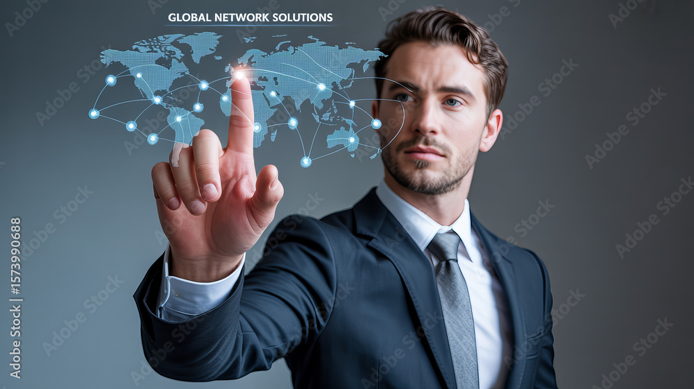 Poster global network solutions: a focused businessman interacts with a futuristic holographic global netwo