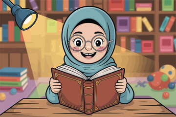 A cartoon girl wearing a hijab and glasses reading a book under a lamp in front of a bookshelf area